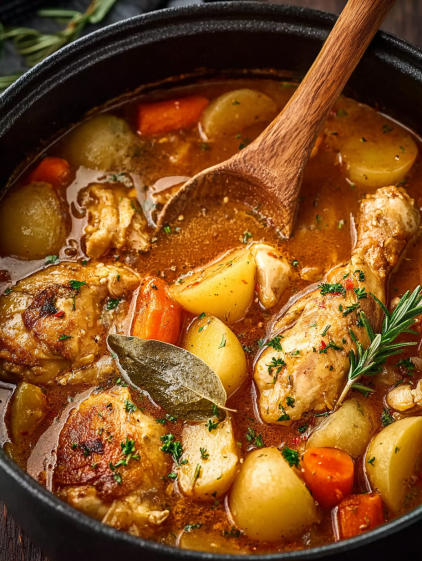 A close up of a pot of food with a wooden spoon in it.