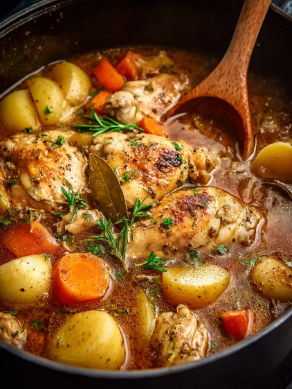 A pot of chicken and vegetables.