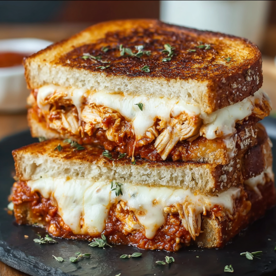 A grilled cheese sandwich with chicken and tomato sauce.