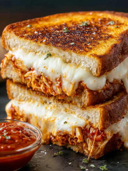 A stack of grilled cheese sandwiches with meat and cheese.