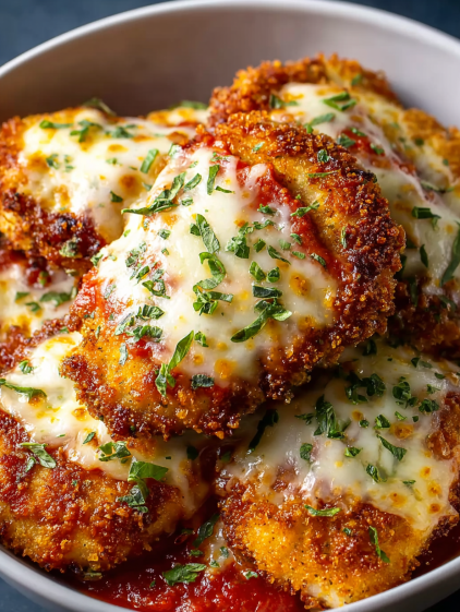 A plate of chicken with cheese and herbs on top.