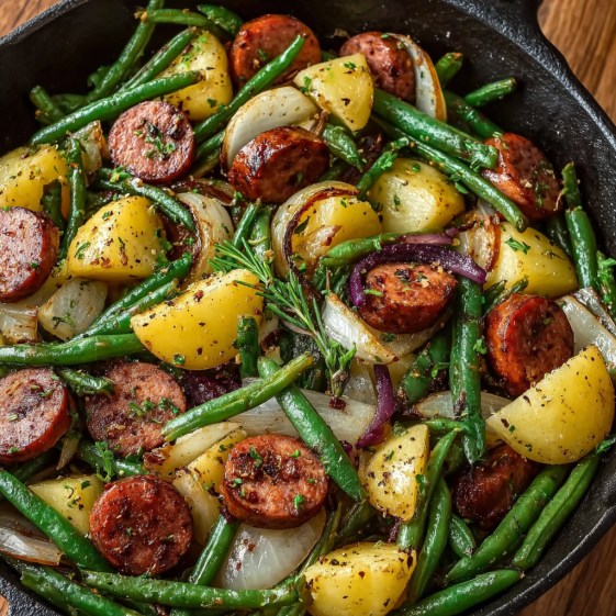 A pan of sausage, green beans, and potatoes.