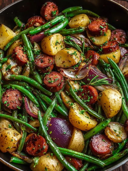 A close up of a dish with green beans and sausage.