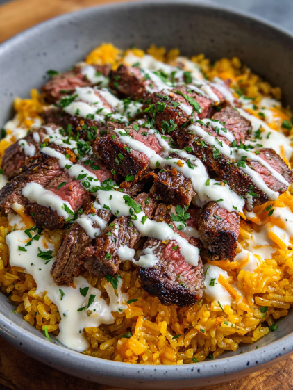 A bowl of rice with meat and sauce.