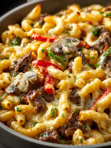A close up of a Philly Cheesesteak Pasta Bake.