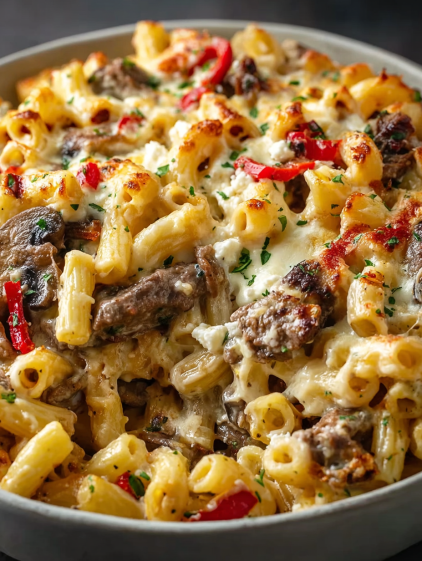 A close up of a Philly Cheesesteak Pasta Bake.