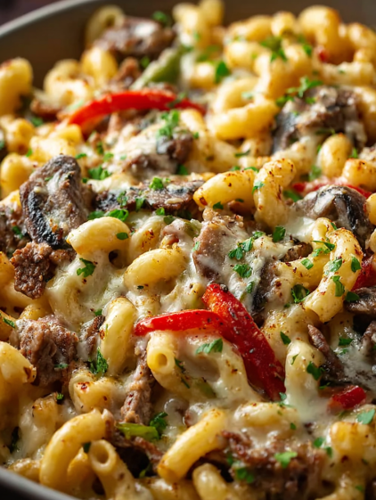 A close up of a Philly Cheesesteak Pasta Bake.