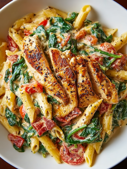 A plate of chicken, spinach, and pasta.