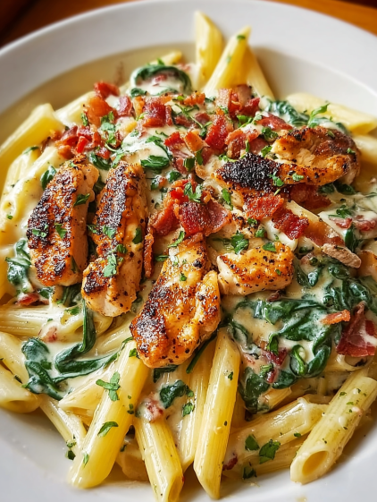A plate of chicken, bacon, spinach, and pasta.