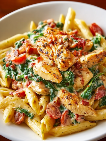 A plate of chicken, spinach, and bacon.