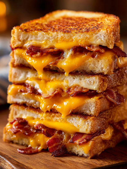 A stack of bacon grilled cheese toast.