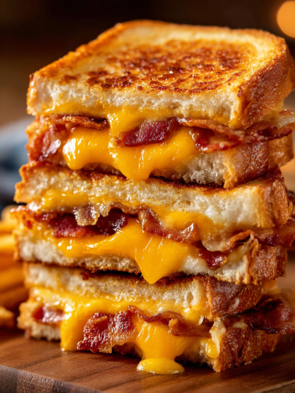 A stack of three grilled cheese sandwiches.