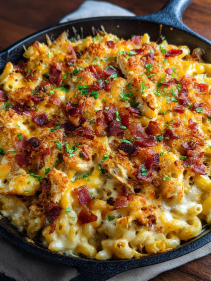 A close up of a delicious chicken bacon pasta bake.