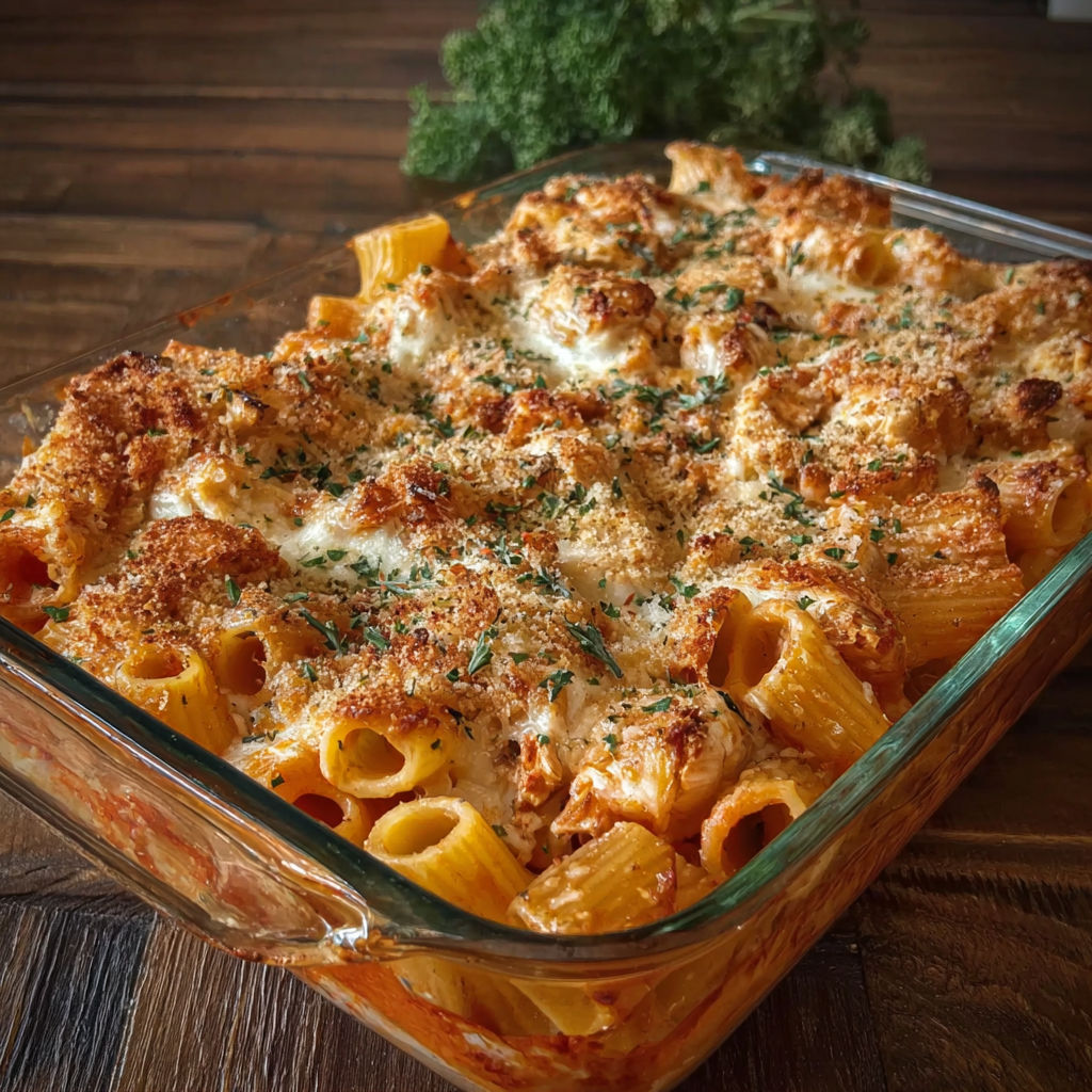 A baked pasta dish in a glass dish.