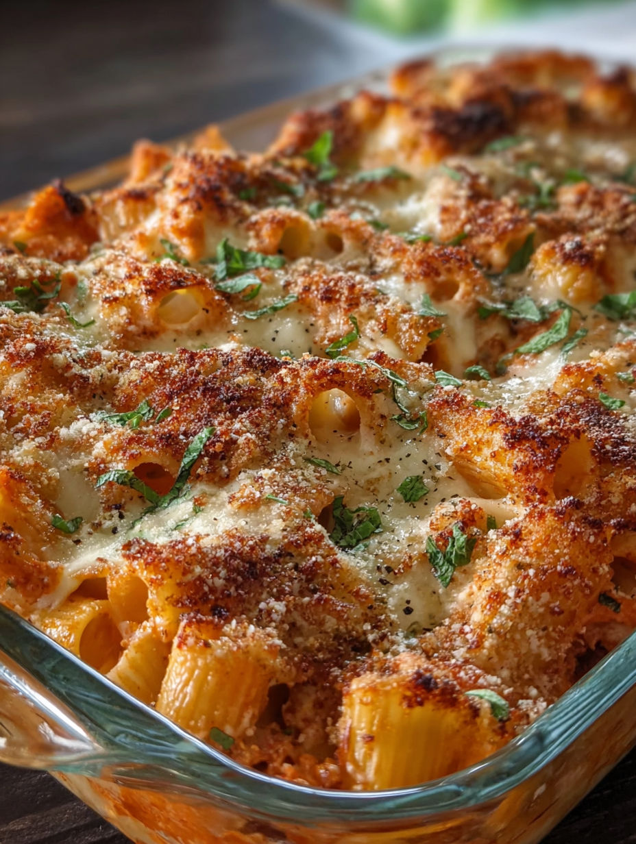 A baked pasta dish with cheese and herbs.