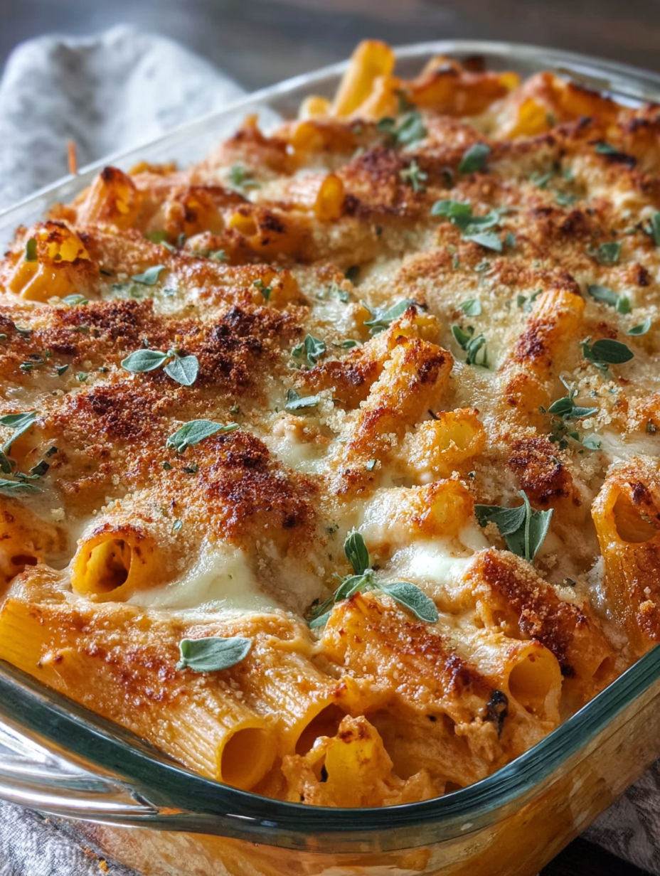 A baked pasta dish with cheese and herbs.