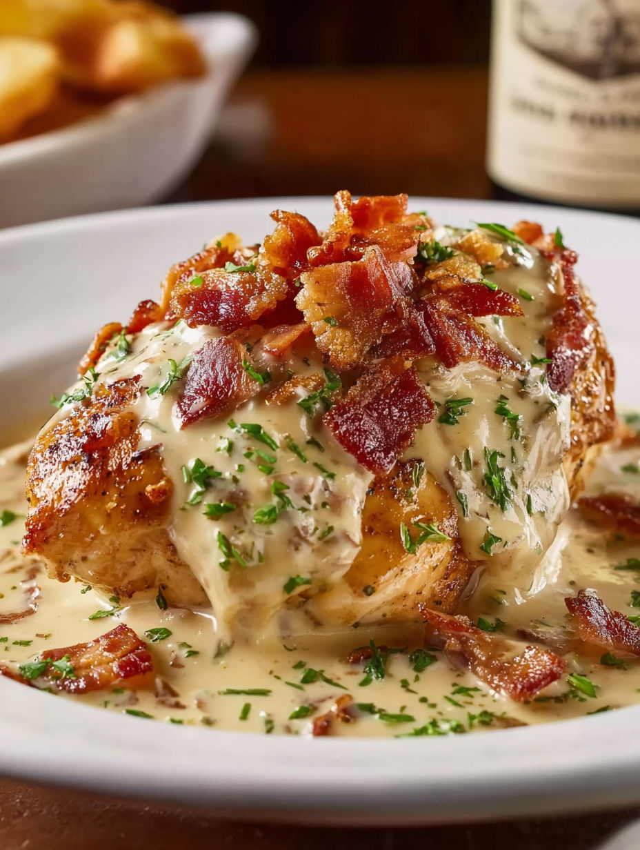 A plate of smothered chicken with bacon and cheese.