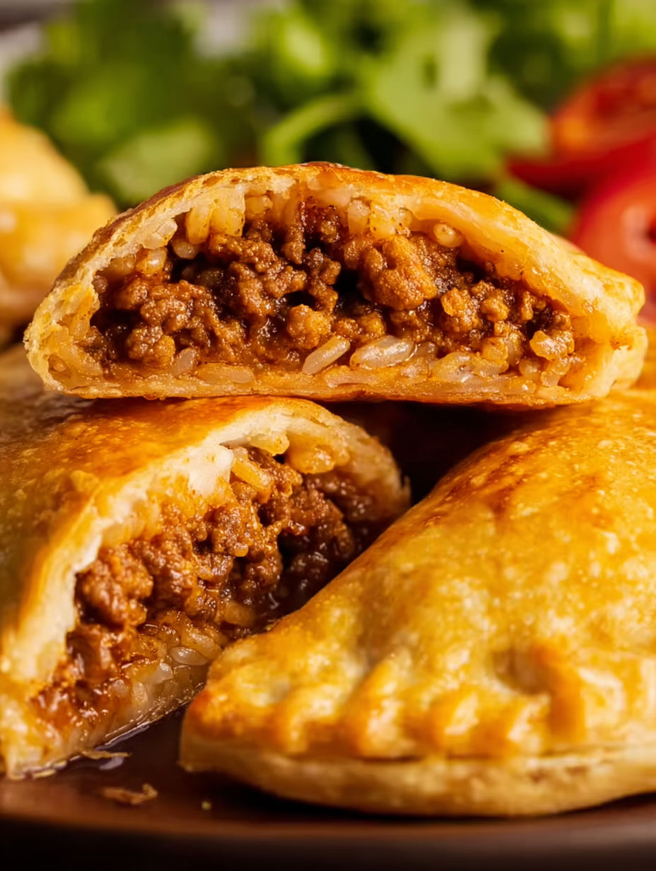 A close up of a meat filled pastry.
