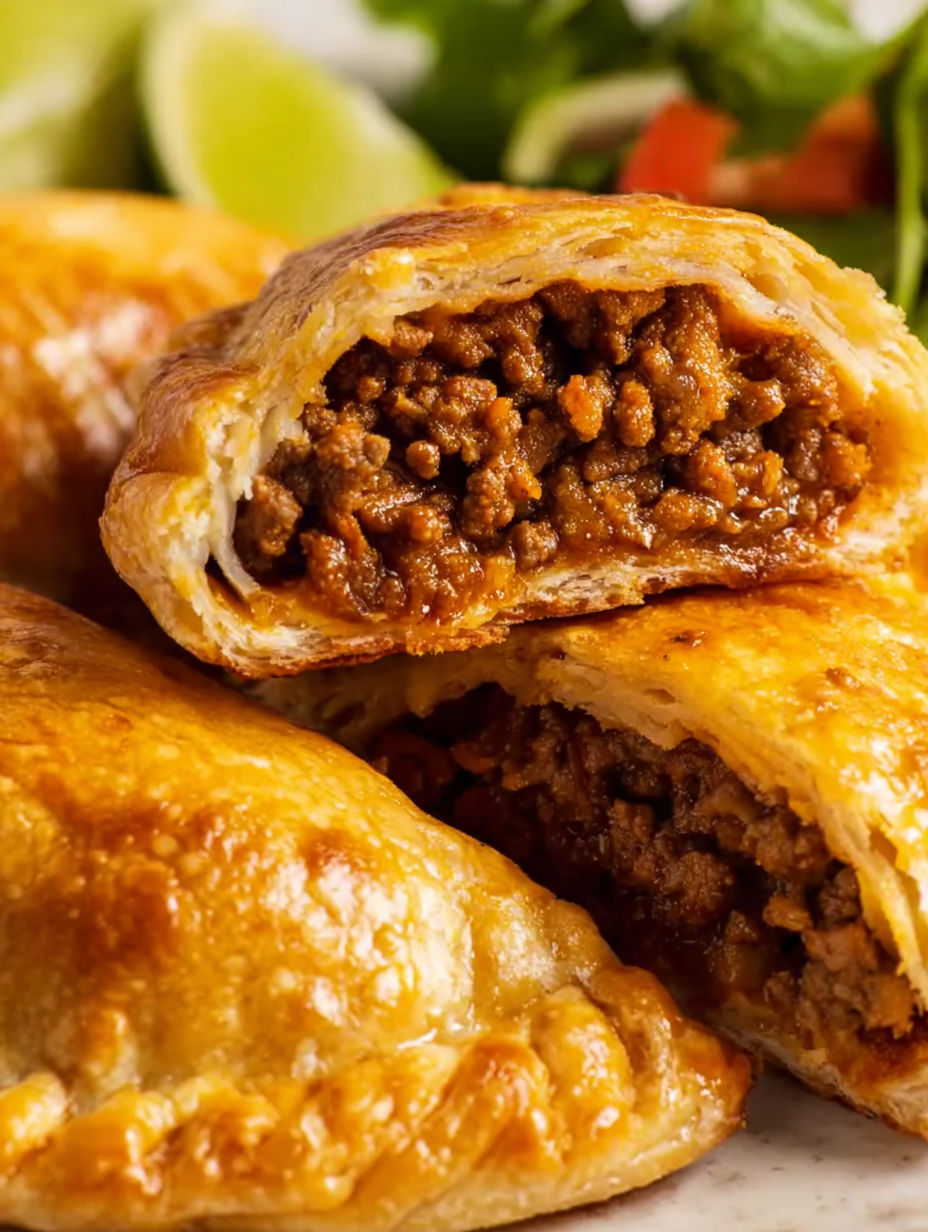 A close up of a meat filled pastry.