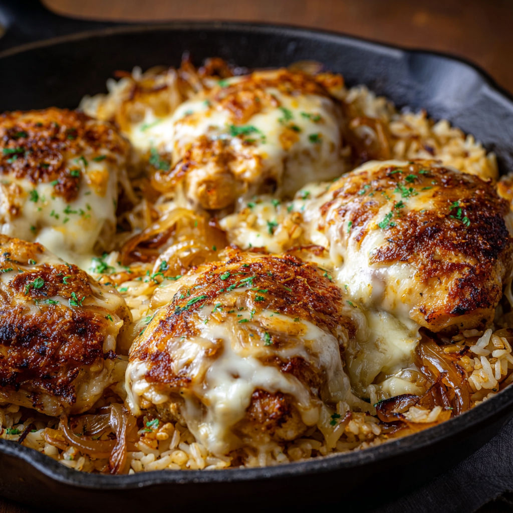 A delicious French Onion Chicken Rice Bake.