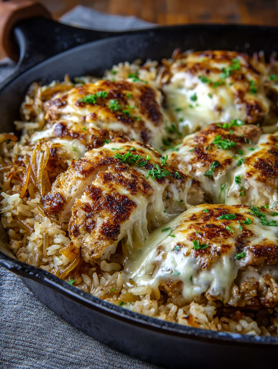 A dish of rice and chicken with cheese on top.