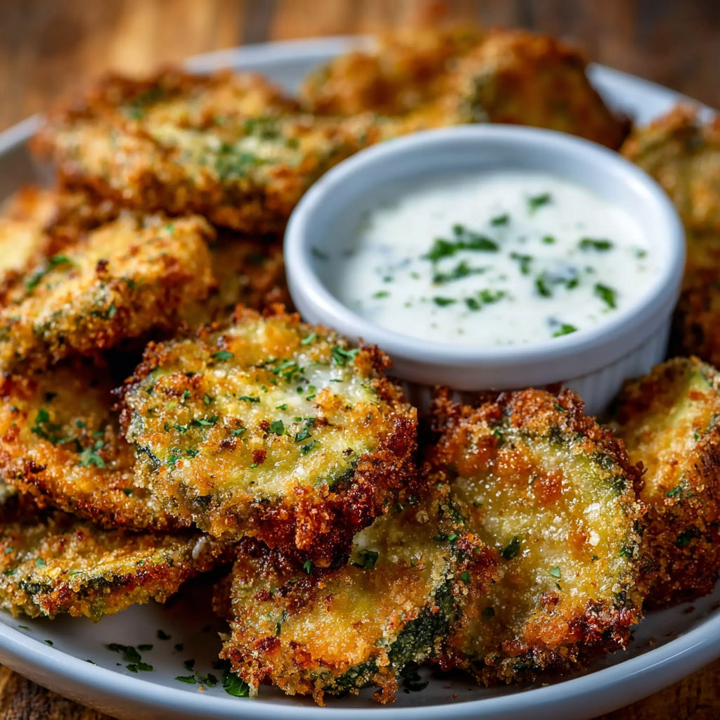 A plate of fried pickles with a bowl of ranch dressing.