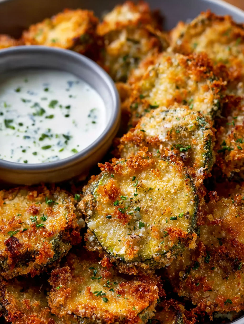 Fried pickles with ranch dressing in a bowl.