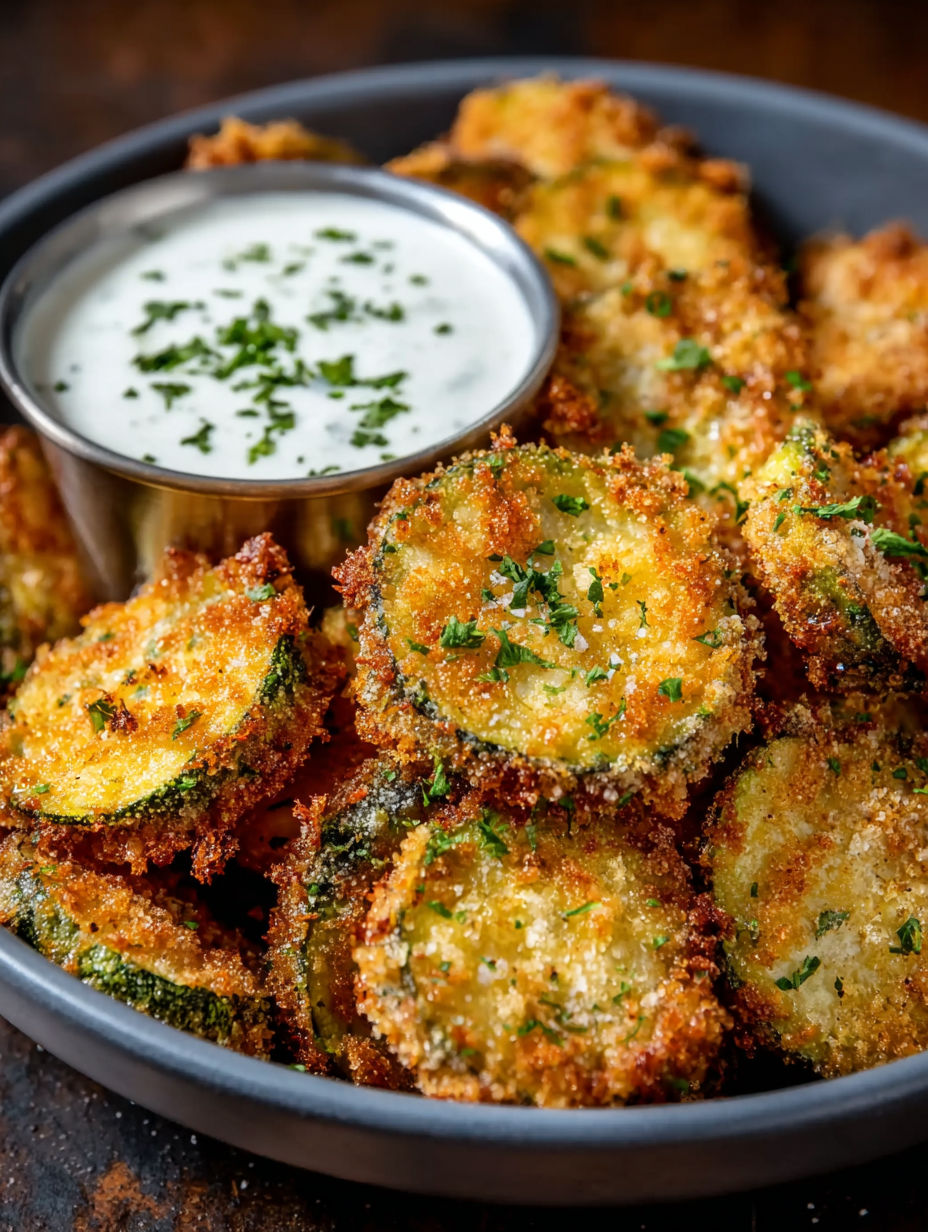 A bowl of fried pickles with a ranch dressing.