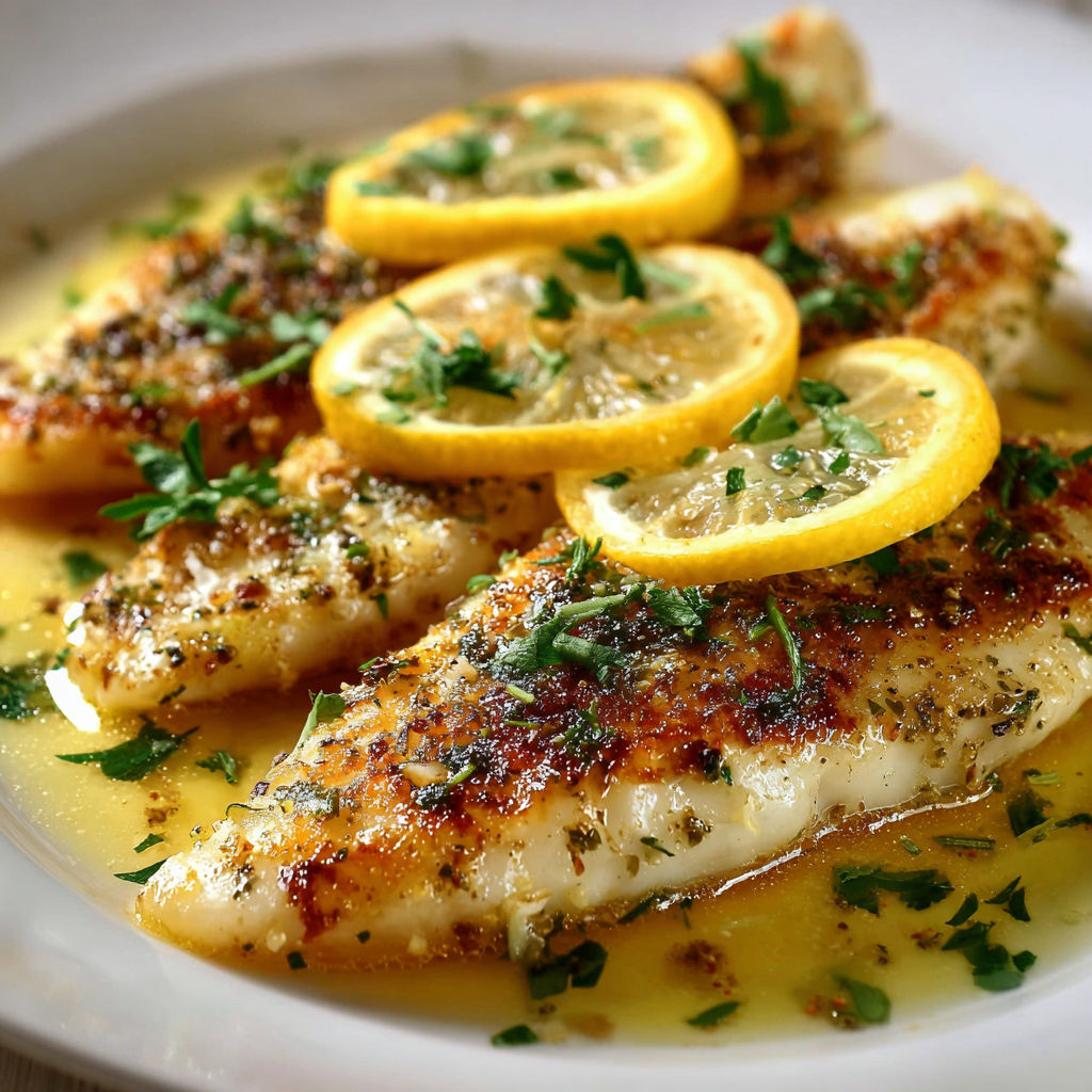 A plate of fish with lemon slices on top.