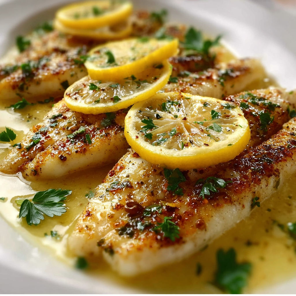 A plate of fish with lemon wedges on top.