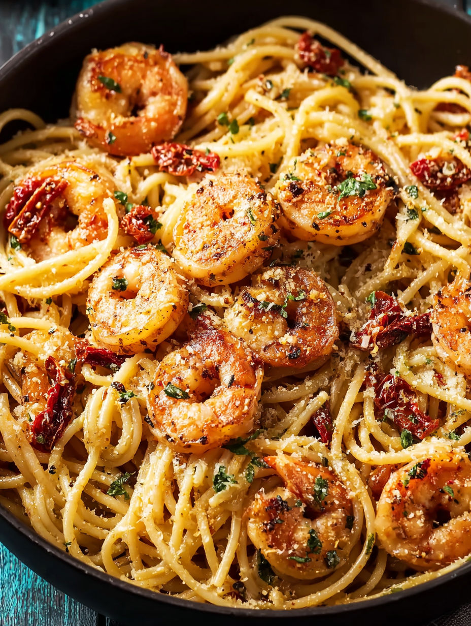 A bowl of pasta with shrimp and spices.