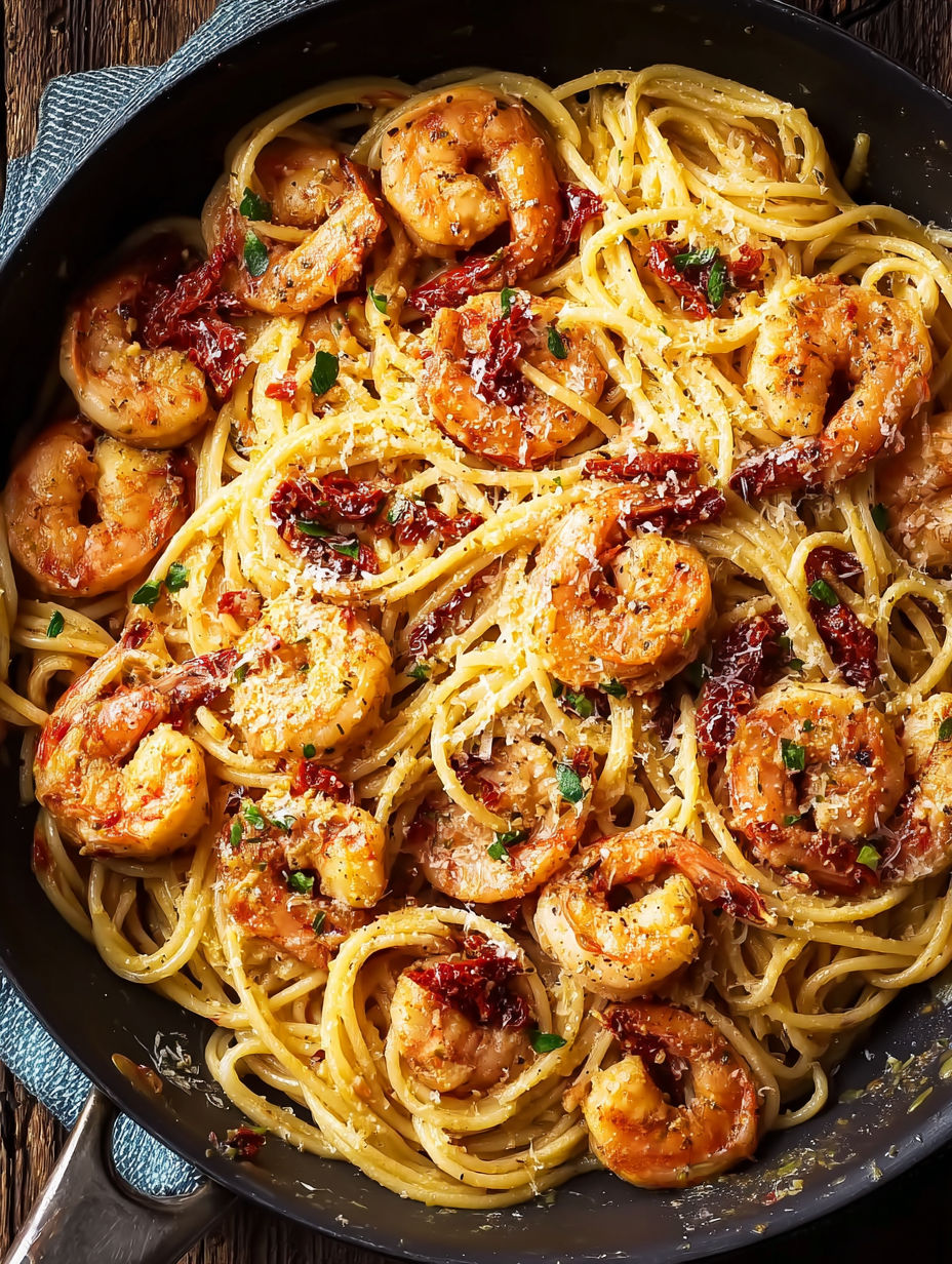 A bowl of shrimp and pasta.