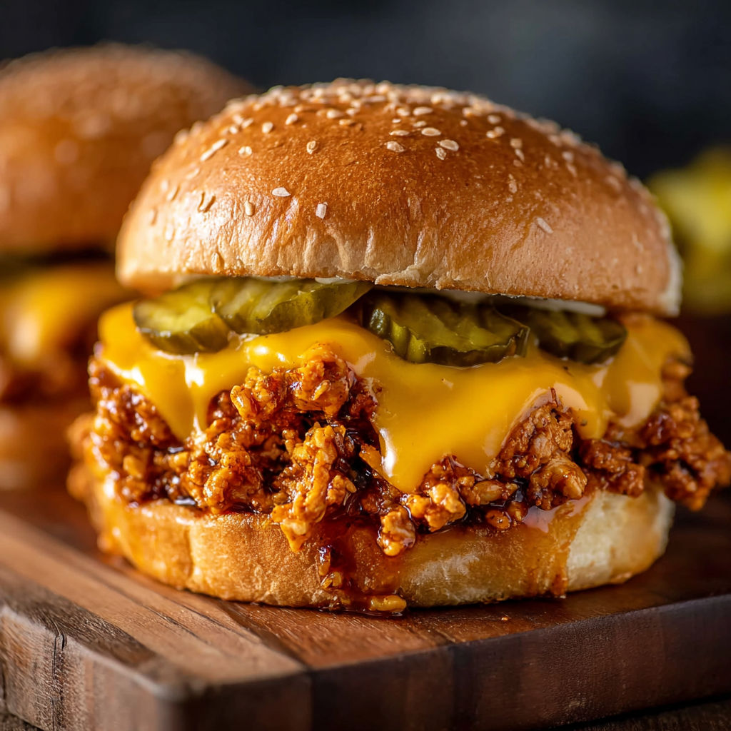 A Cajun Chicken Sloppy Joes sandwich with pickles and cheese.