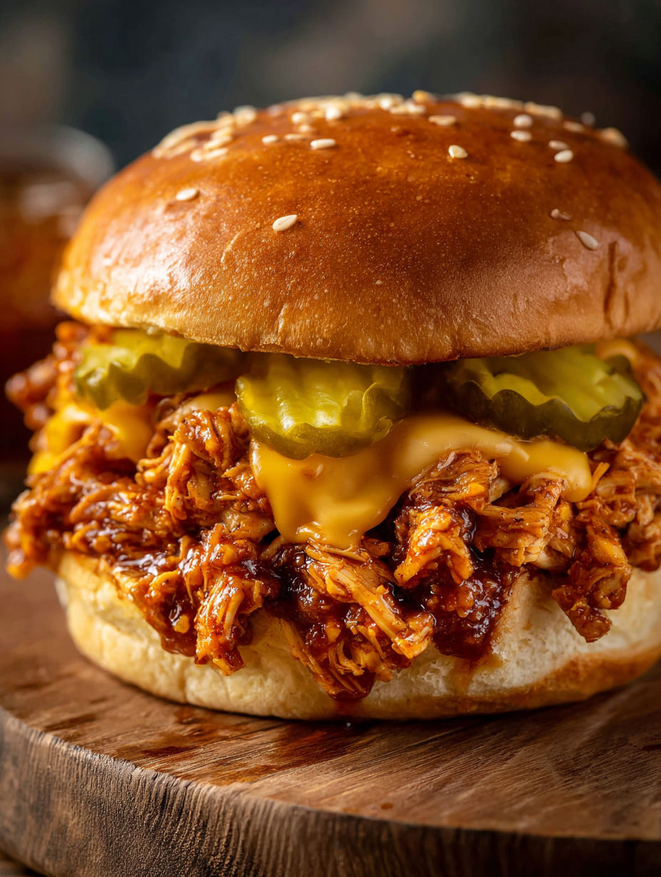 A close up of a chicken sandwich with pickles and cheese.