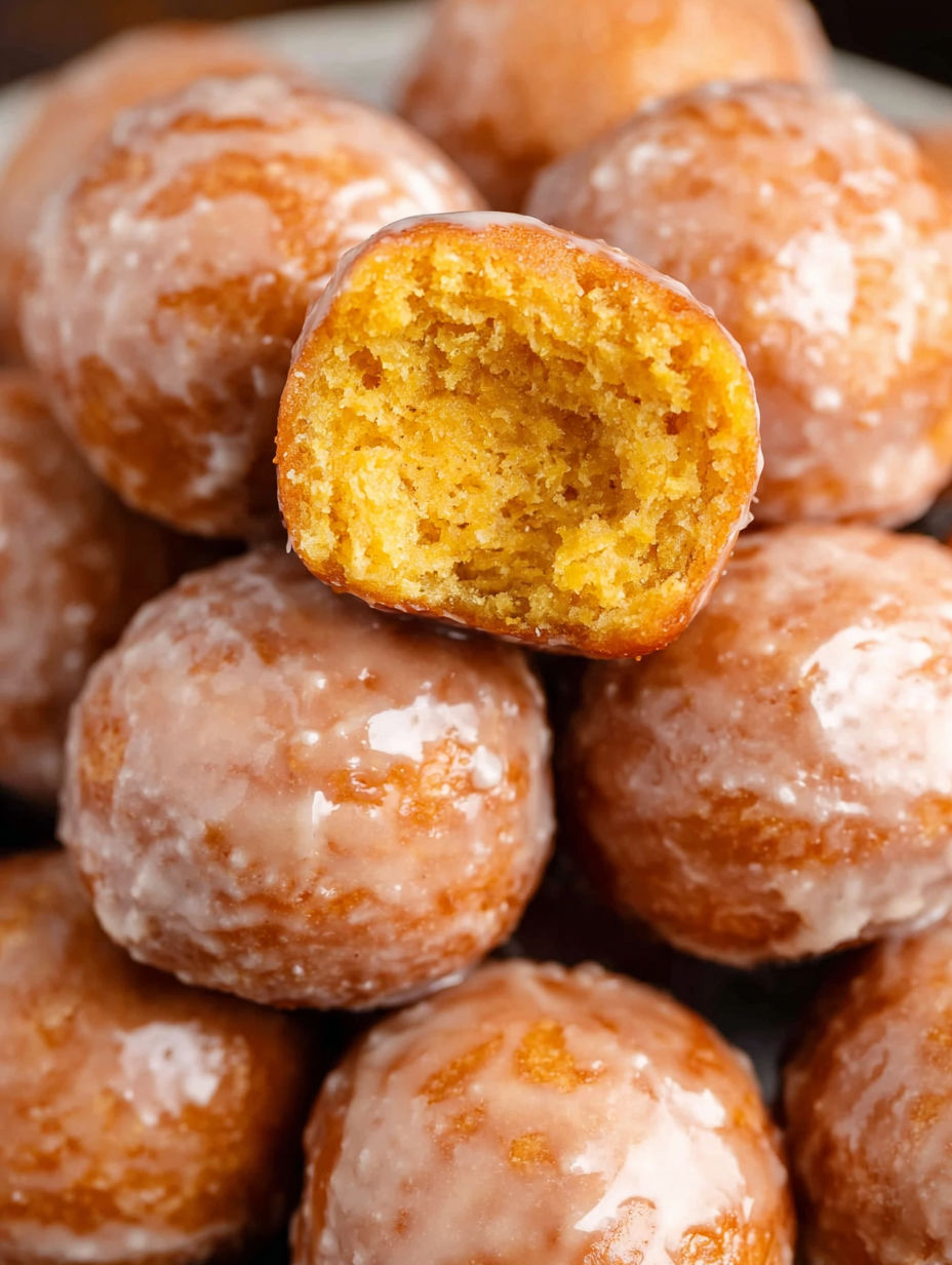 Pumpkin donut holes on a table.