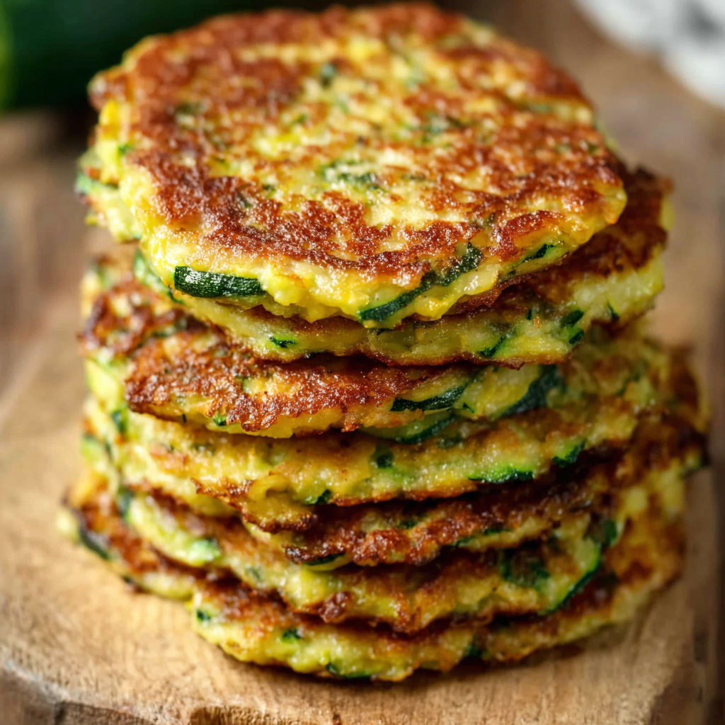 A stack of zucchini fritters on a wooden table.