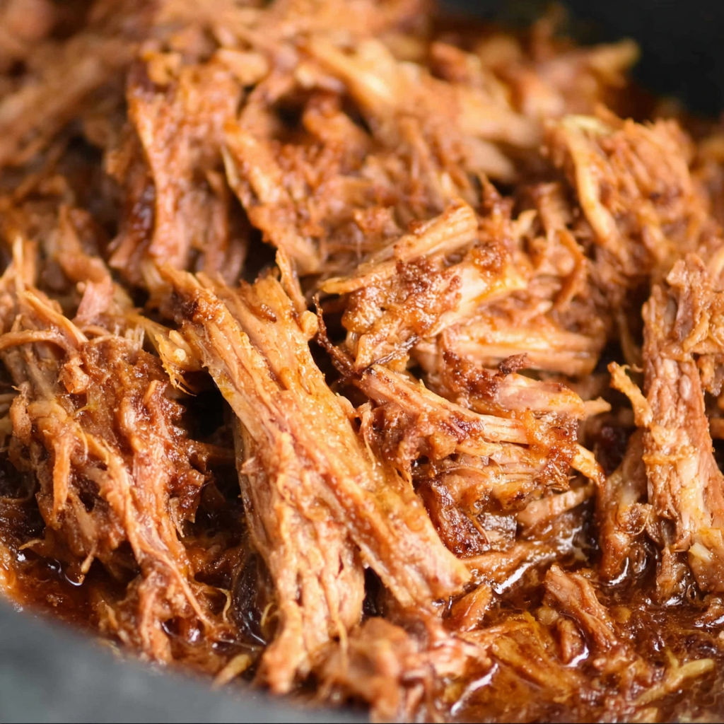 A close up of a delicious looking pulled pork.