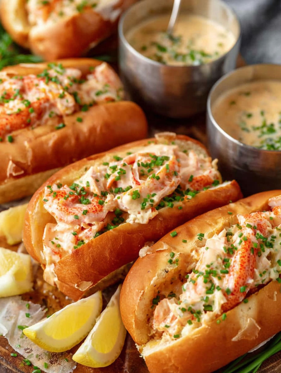 A close up of a lobster roll with a lemon wedge.