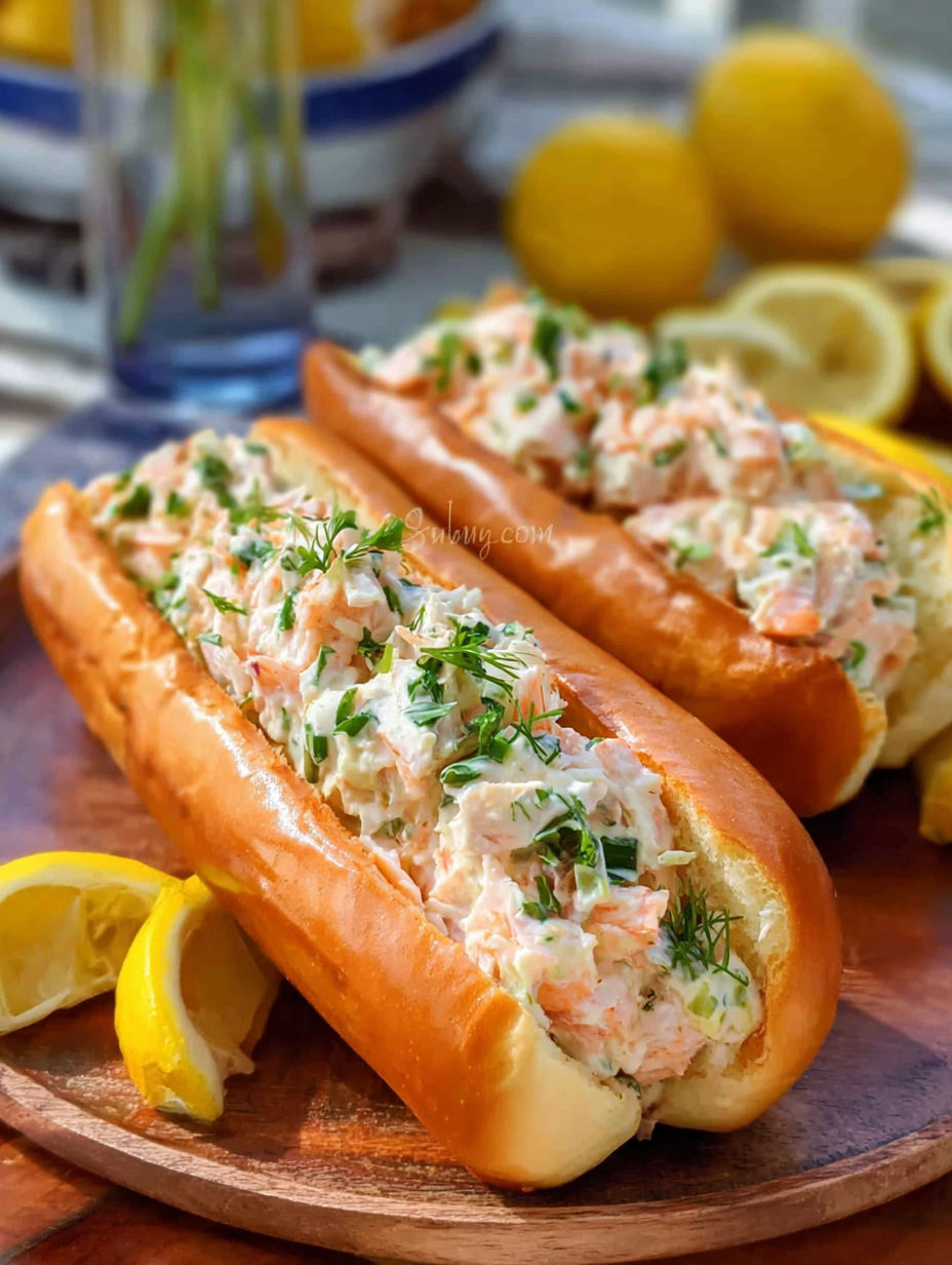 Two hot dogs with crab meat and lemon wedges on a table.
