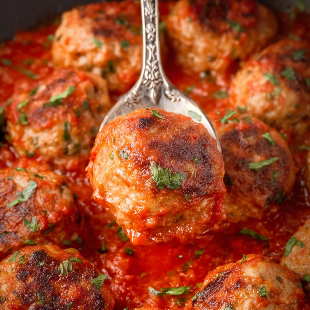 A spoon is in a bowl of meatballs.