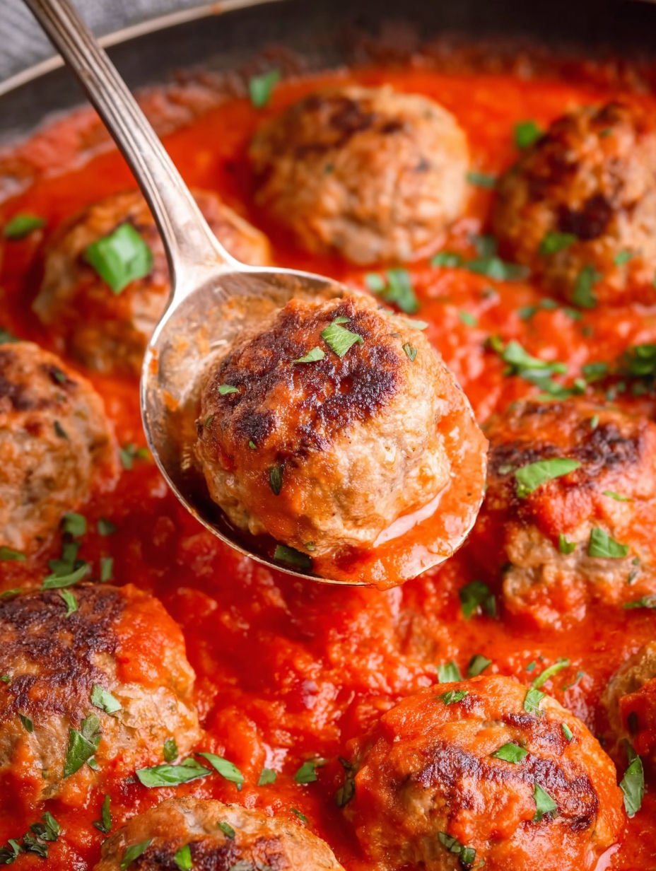 A spoon is in a bowl of meatballs.