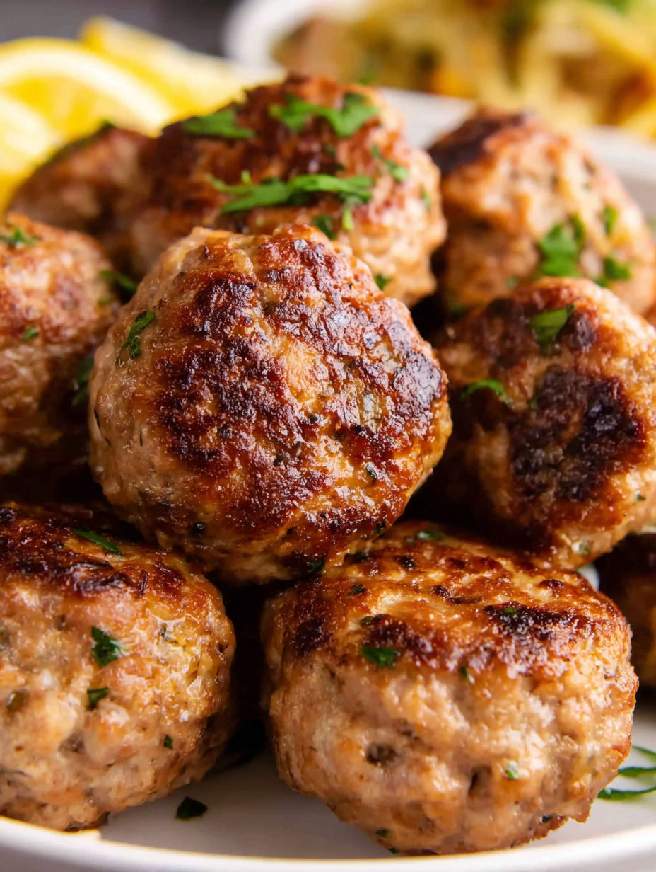A plate of meatballs with green herbs on top.