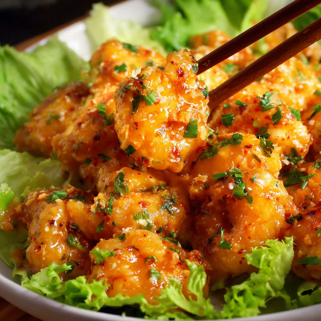 A plate of bang bang shrimp with chopsticks.