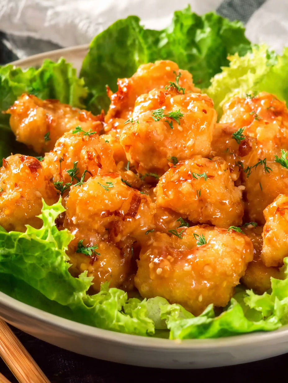A bowl of bang bang shrimp with lettuce.