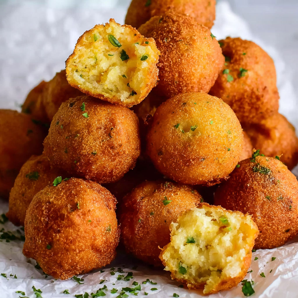 A pile of homemade crispy hush puppies.