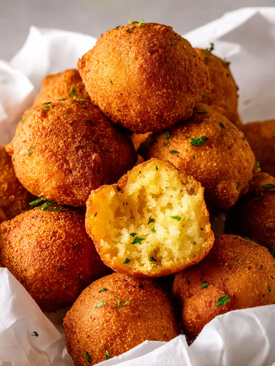A pile of homemade crispy hush puppies.