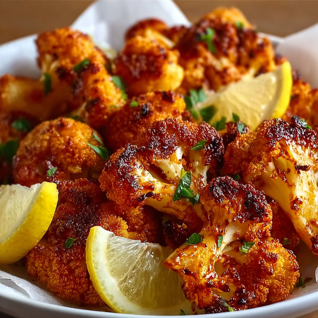 A bowl of cauliflower with lemon wedges on top.