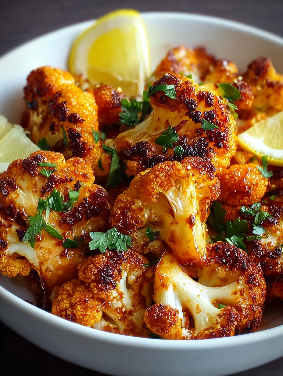A bowl of cooked cauliflower with lemon wedges on top.