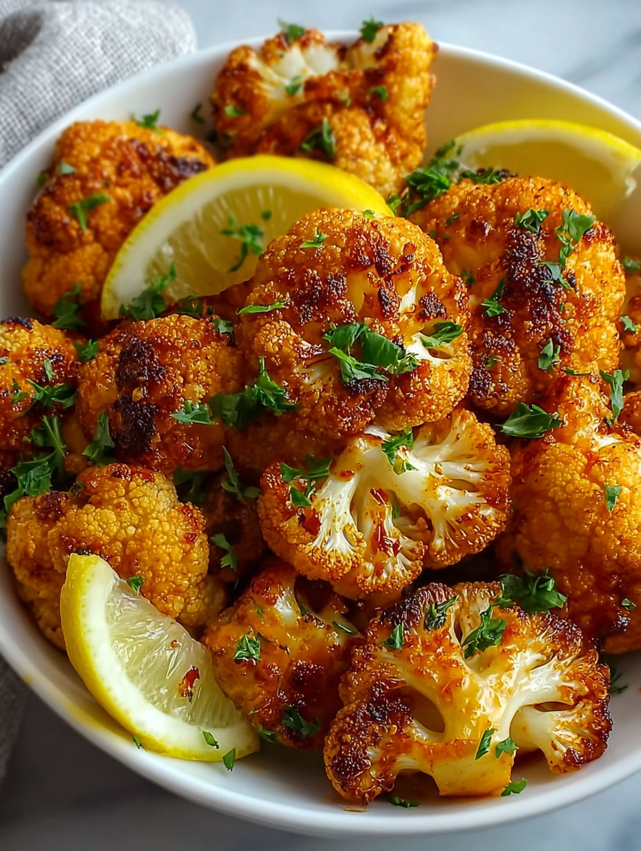 A bowl of cooked cauliflower with lemon wedges on top.