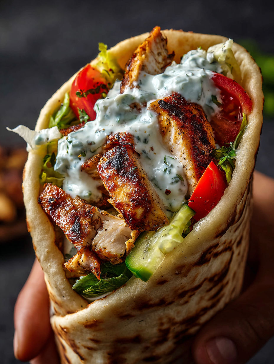 A hand holding a sandwich with chicken, tomatoes, lettuce, and sauce.